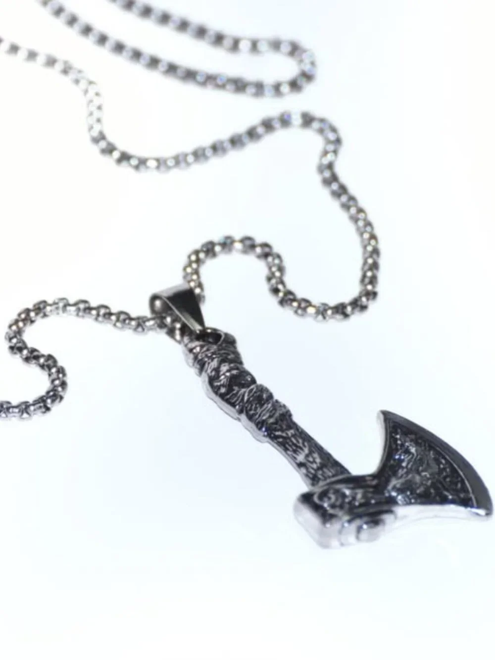 Men's Silver Tone Wolf Norse Axe Pendant Necklace Viking Biker Jewelry